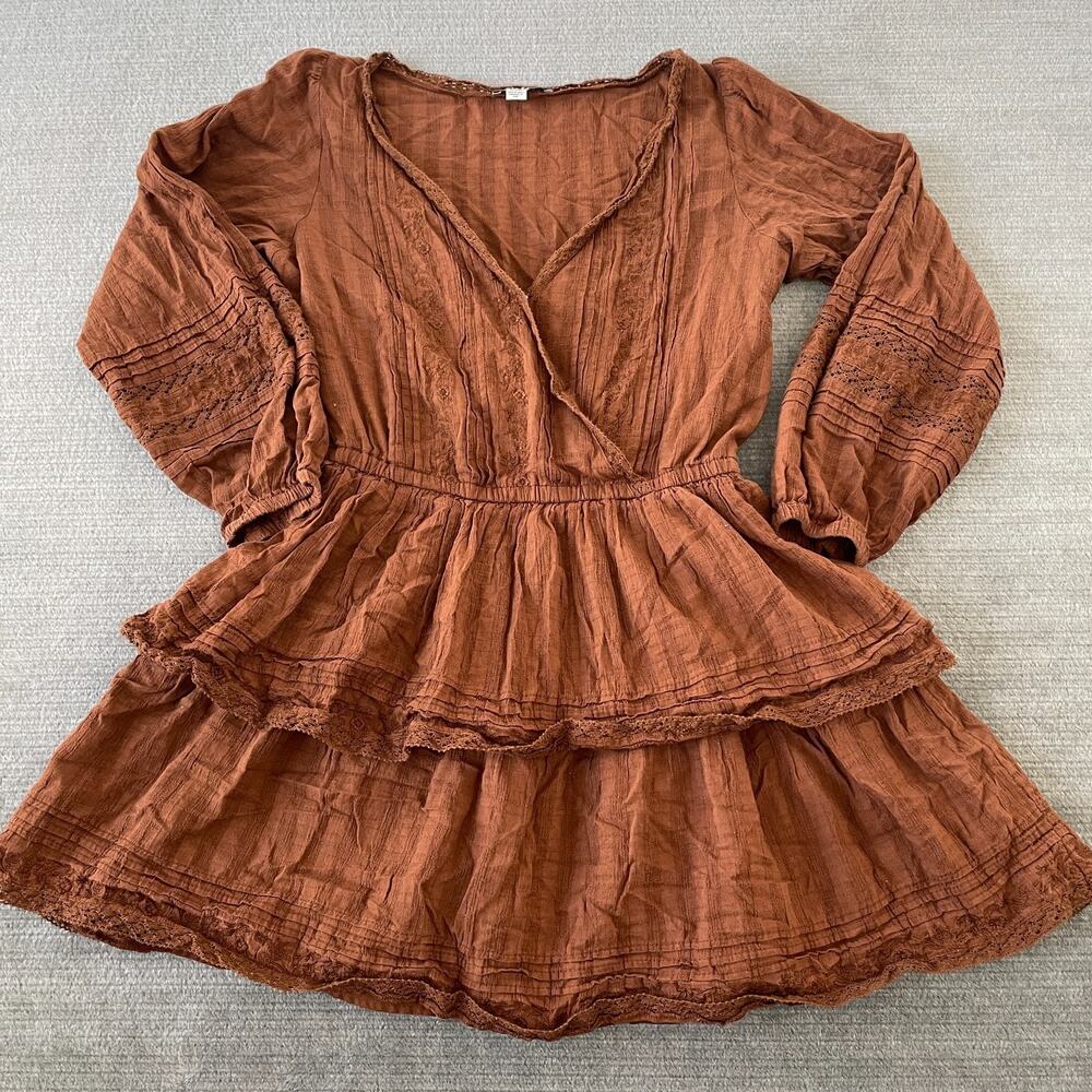 American Eagle‎ Dress Women's M Brown Embroidered Wrap Front Mini Cottagecore